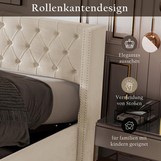 Composite Bed Upholstered with Curved Headboard, Double Row of Rivets, Velvet, Button-Tufted Headboard And Footboard, 160x200cm, Hydraulic Function