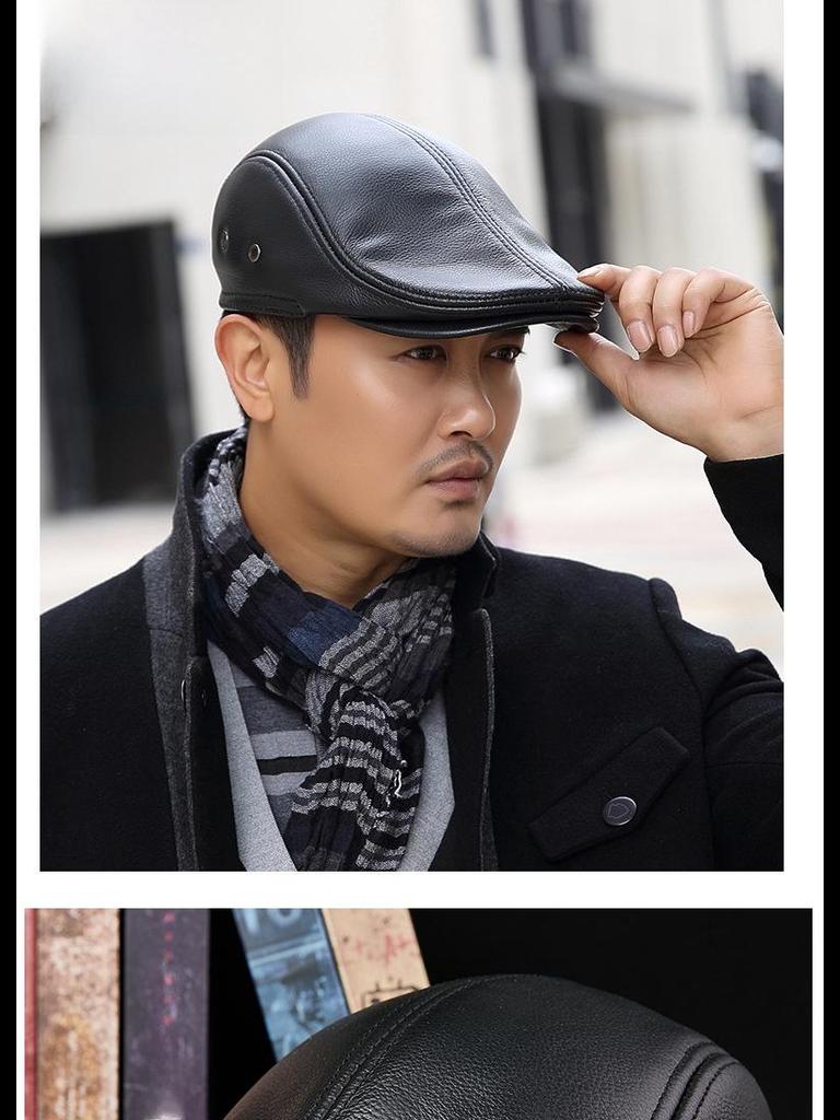 Men's Genuine Leather Duckbill Hat – Stylish, Warm, Thickened Cowhide Beret for Middle-Aged and Elderly (Autumn/Winter)