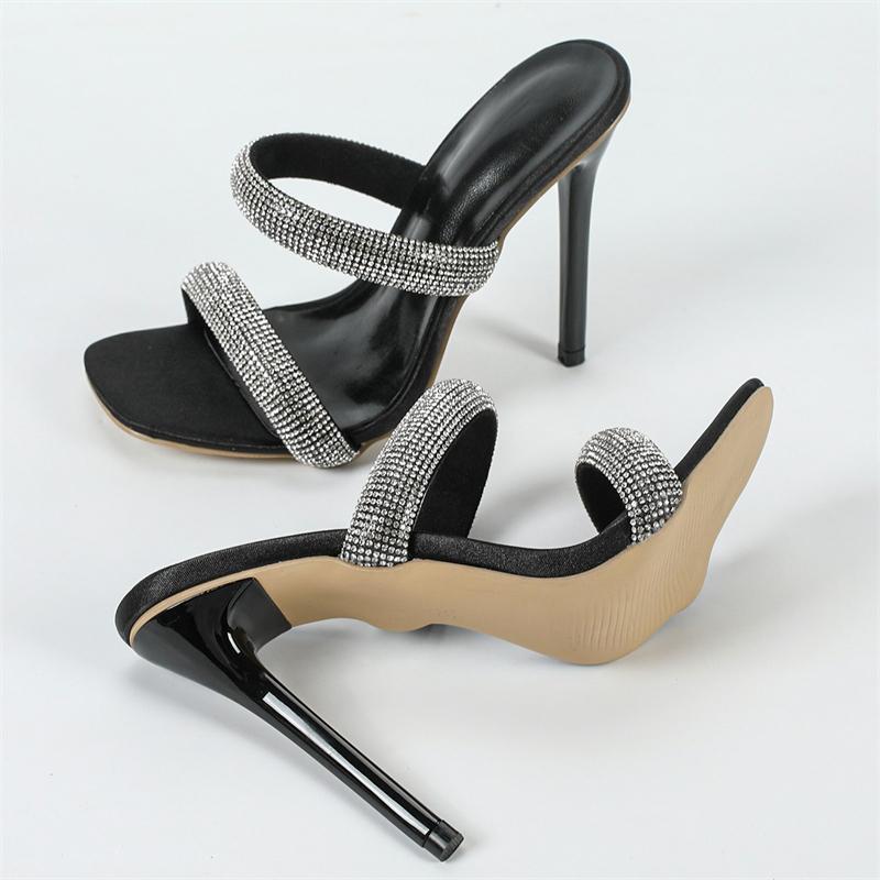 Eilyken КРИСТАЛЛ БРИЛЛИАНТ Квадратный Носок Женские Шлепанцы Дизайн Вырез Тонкий Высокий Каблук Вечеринка Платье Слайды Обувь