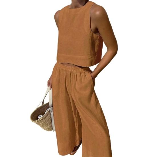 Женский летний комплект из 2 предметов: жилет без рукавов с круглым вырезом, эластичные длинные брюки с высокой талией, однотонный тонкий повседневный комплект