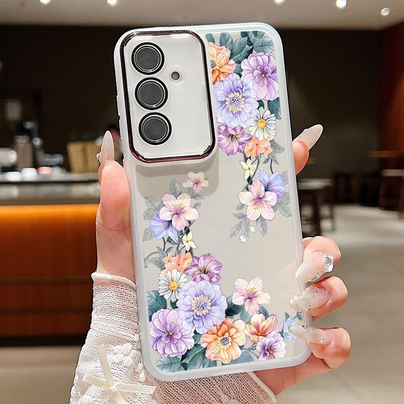 Мягкий силиконовый тонкий чехол с цветочным узором для Samsung S25 Ultra S24 FE S23 Plus A36 A56 A16 A55 A15, защитная пленка для объектива, противоударный прозрачный чехол для телефона