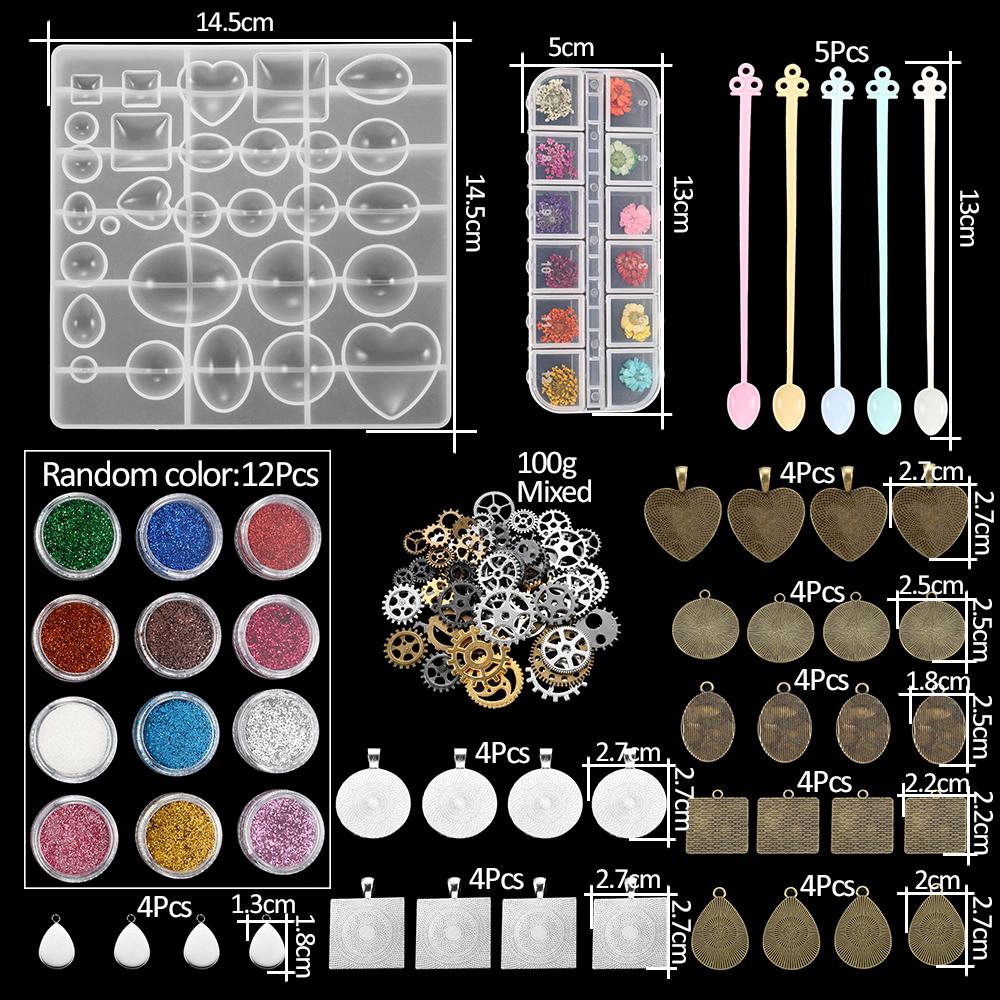 Resin Molds Silicone Kits with Epoxy Resin Supplies Dried Flowers Sparkling Powder DIY Necklace Earrings Pendant Jewelry Making