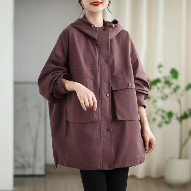 Johnature Woman Autumn Solid Color Hooded Drawstring Long Sleeves Coat Loose Casual Splicing Zipper Coat