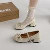 Coarse heel high heel Mary Jane shoes French pleated round head 2025 new summer bow gentle single shoes women's skirt