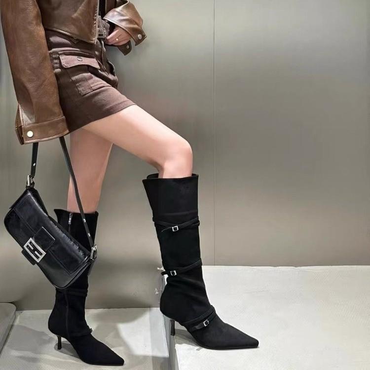 High Heels Suede Women High Boots Pointed Toe Sexy Shoes Knee High Fashion Chelsea Boots 2024 Trend Winter Pumps Botas De Mujer