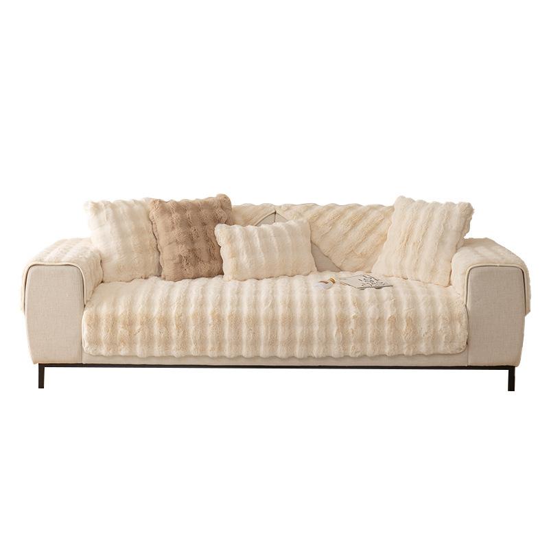 Rabbit Plush Sofa Cushion Winter Non-Slip Light Luxury Cushion Leather Sofa Cover Plus Velvet Cover Towel