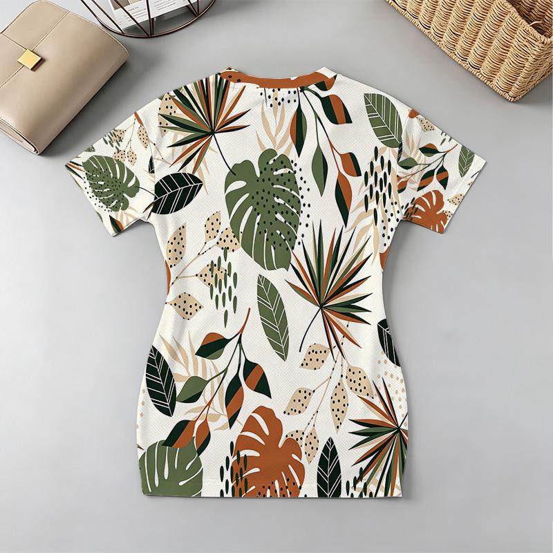 V-Neck Short Sleeve Dress - Tropical Plant Print, Sophisticated Style, Slim Fit, Soft Fabric for Beach Vacation & Party Wear