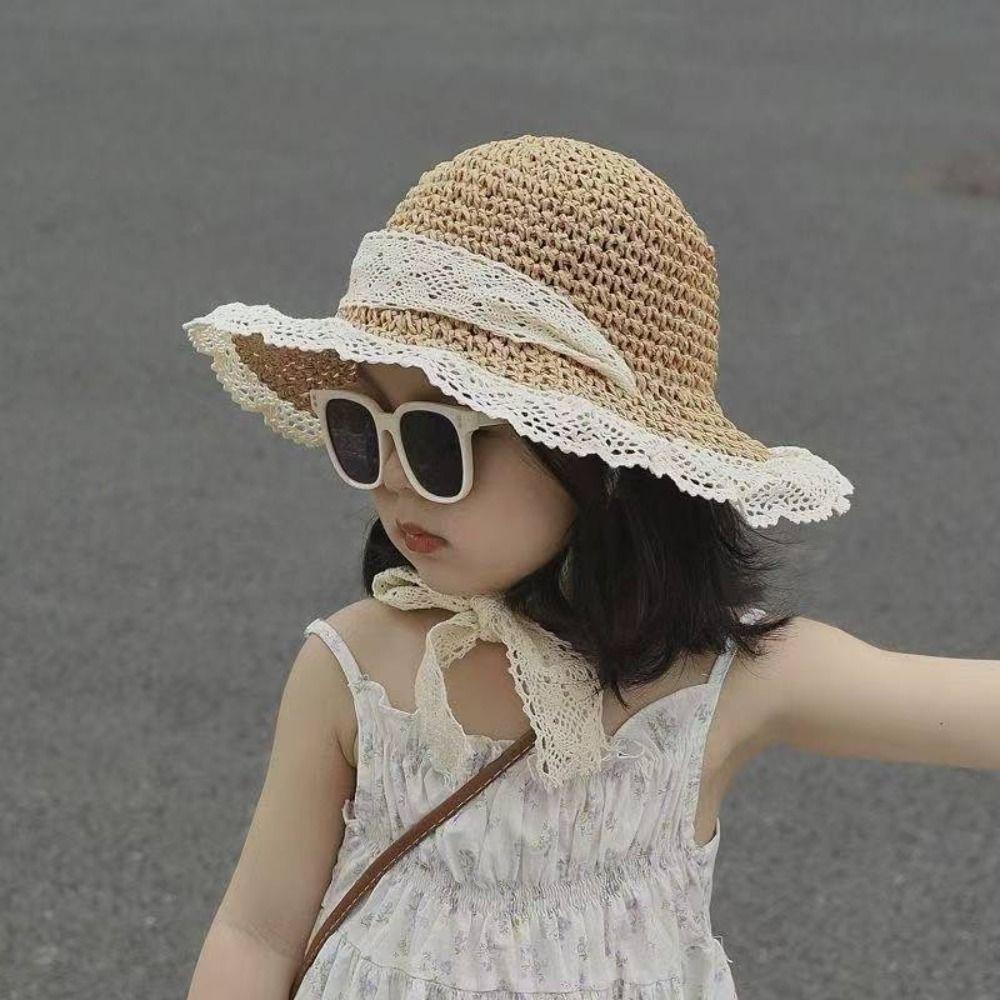 Foldable Design Straw Sun Hat Lace Up Detail Kids Sun Hat Fashion UV Protection Hat Beach Use