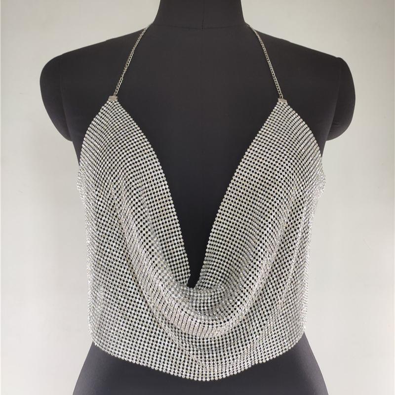 Ins Style, Nightclub Low Cut Backless Outfit, Sparkling Diamond, Chain Strap, Deep V-neck, Crop Top, Sexy Design