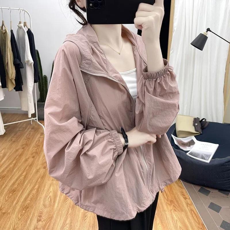 Korean Thin Solid Color Female Hooded Sun Protection Tops Coat Summer Women Loose Fitting UV Protection Sun Protection Jacket