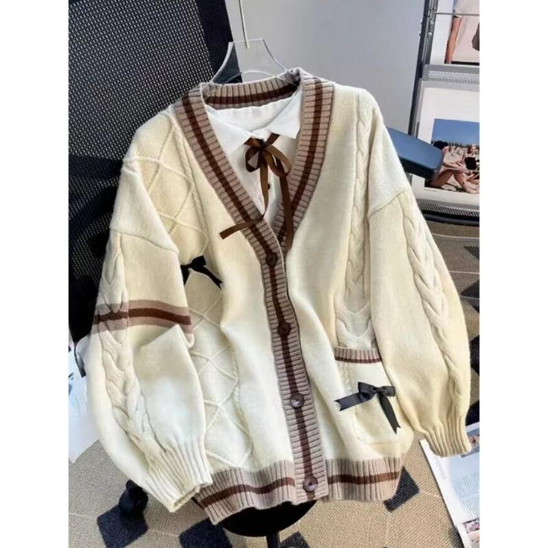 Sweet Bow Knitted Cardigans Y2k Aesthetic All Match Contrast Color Coats Fashion Single Breasted Women Kawaii JK Sweaters Jumper