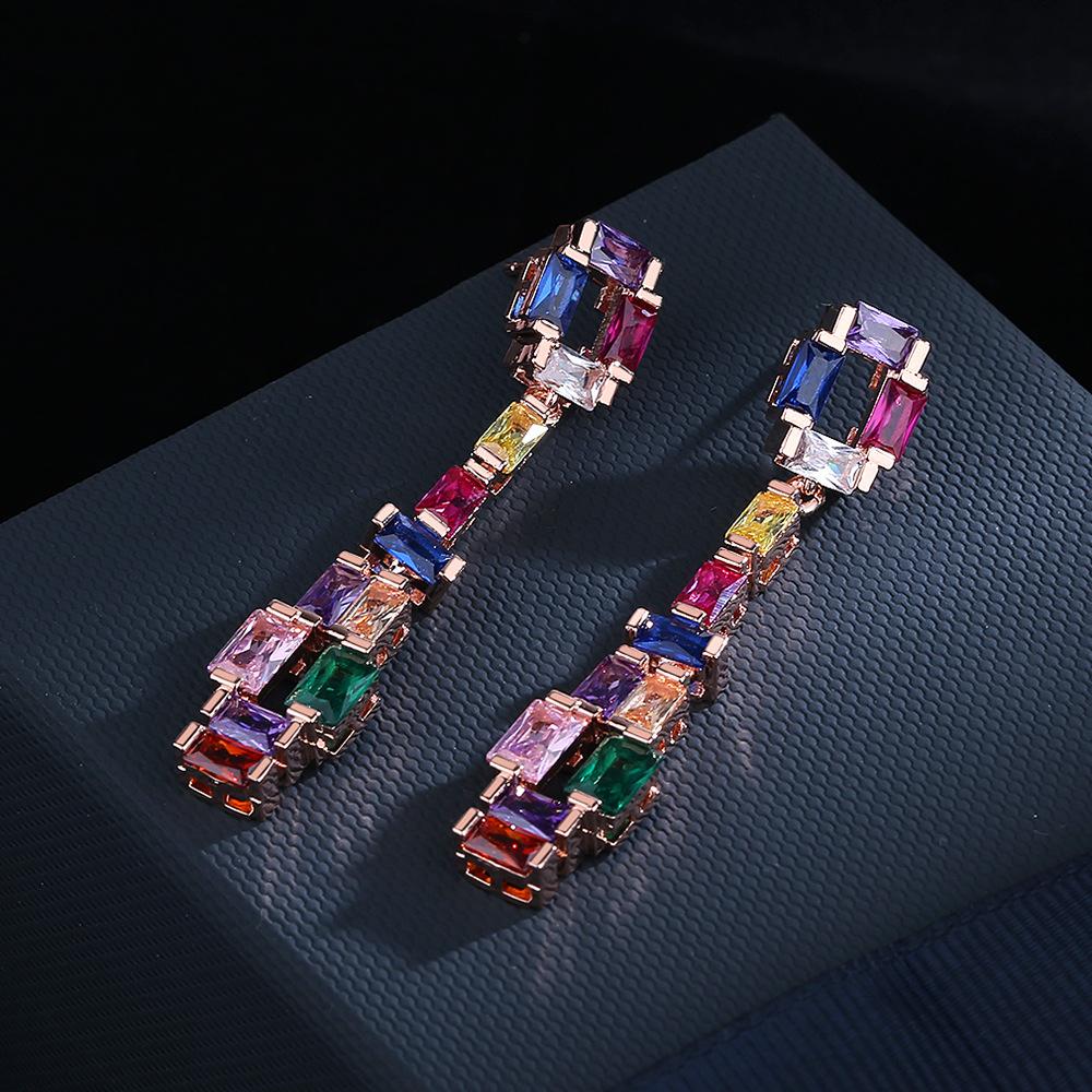 Silver High Definition Contrast Fashion Earrings Super Flash Zircon Earrings Colorful Tourmaline Long Earrings Party Gift
