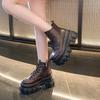 Модные женские кожаные ботильоны 9 см Новые 2024 Осень Зима Плюшевые Теплые Массивные Ботильоны Клиновидные Каблуки Мотоциклетные Ботинки Молния Черные Меховые Туфли