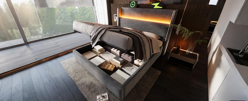 Modern Hydraulic Bed with High Headboard, 160x200cm Double Bed with LED Lighting, Storage & USB/Type-C Ports, in Linen Look Gray (Without Mattress)