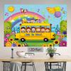 One 2D flat cartoon background for the back-to-school theme, featuring rainbows, school buses and balloons - bright