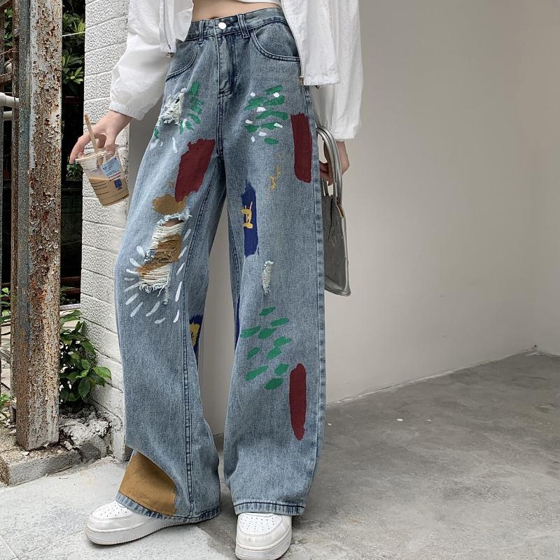 High Street Vintage Color Print Loose Jeans Women 2000s Y2k Straight Casual Wide Leg Pants Ladies Fashion Design Retro Baggy Trousers