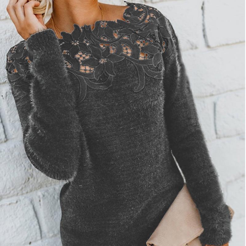 Топы для женщин, ажурный кружевной свитер с круглым вырезом и длинным рукавом, повседневное облегающее платье, женский топ с длинным рукавом