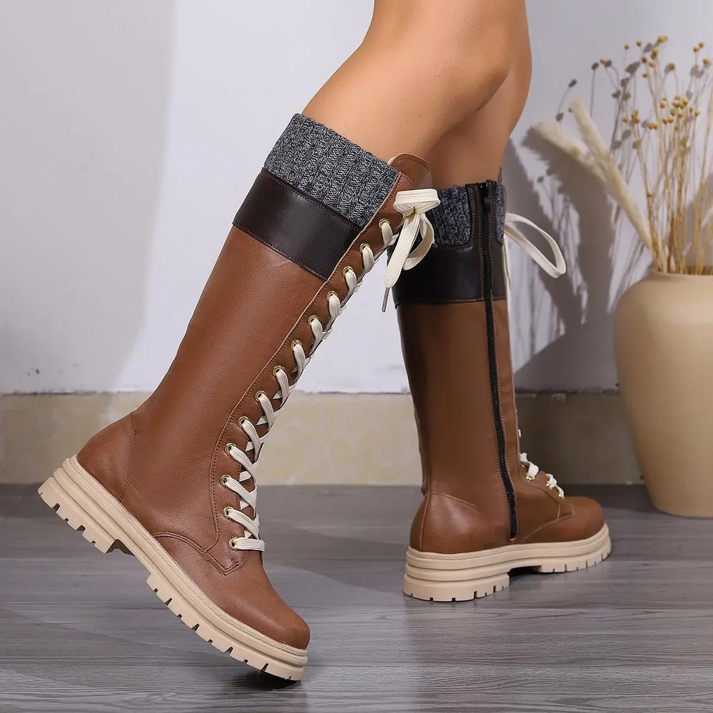 Модные высокие ботинки на платформе Western Boots для женщин Осень-зима Новые сапоги из искусственной кожи до середины голени Женские лоскутные нескользящие длинные ботинки