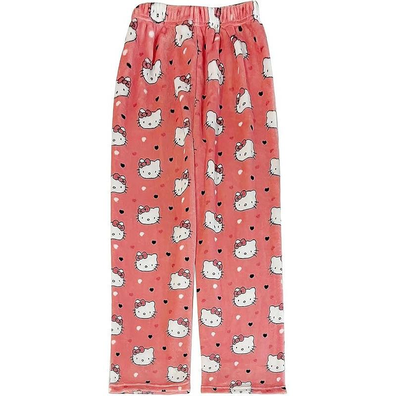 Женские Пижамные Штаны HelloKitty Мультяшные Флисовые Штаны для Отдыха на Хэллоуин Теплые с Флисовой Подкладкой Осень Зима