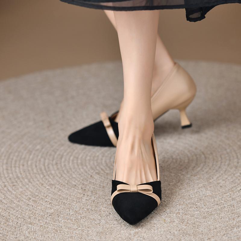 Мода 2024 Весна Новые Элегантные Темпераментные Цветовые Сочетания Бантом Женские Туфли Средний Каблук Острый Носок Неглубокий Вырез Одиночные Туфли Женские