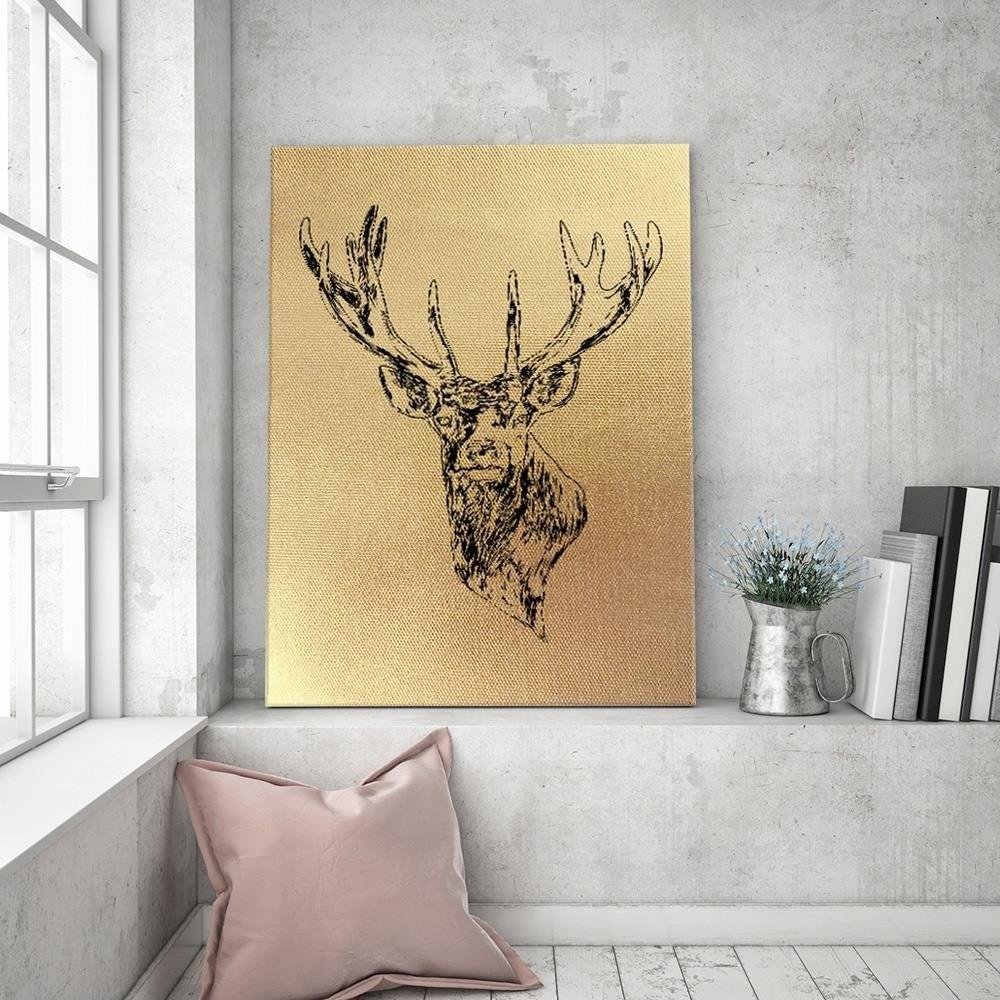 Feeby Canvas print, Gold-coloured drawn deer head