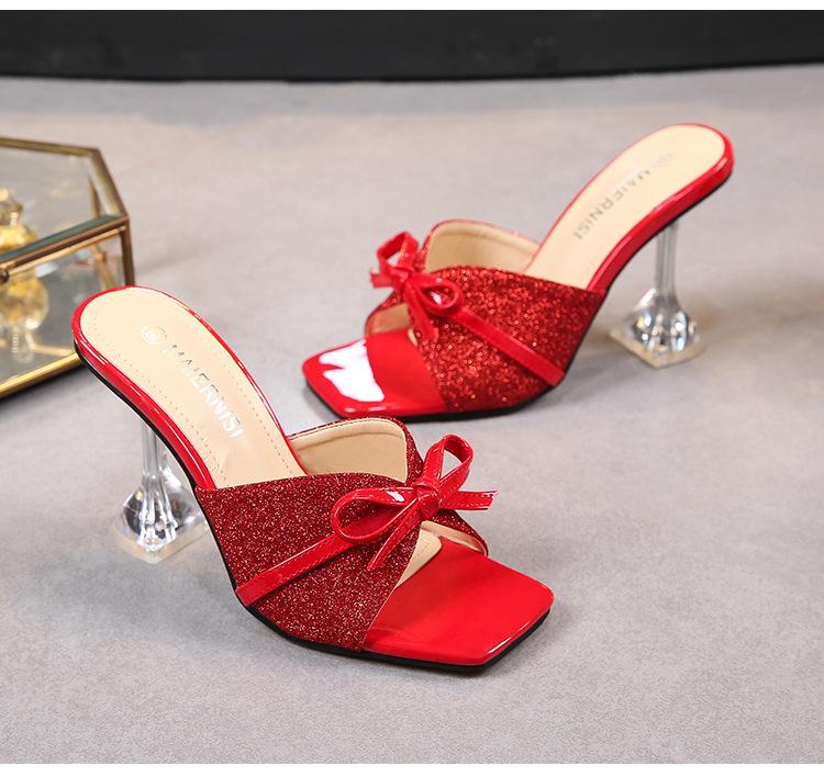 Красные сандалии на шпильке с неглубоким носком, модные модные тапочки большого размера на высоком каблуке, модные босоножки с открытым носком и бантом WZ