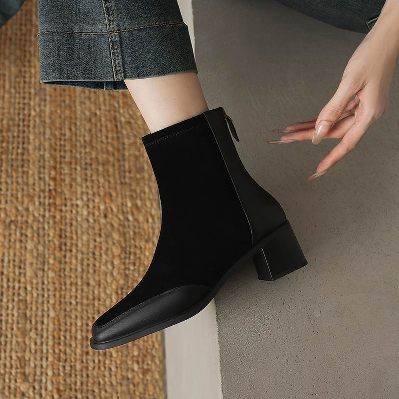 Krazing Pot Cow Suede Nubuck Autumn Winter Shoes Thick Heels Size 42 Square Toe Zipper Vintage Ankle Boots