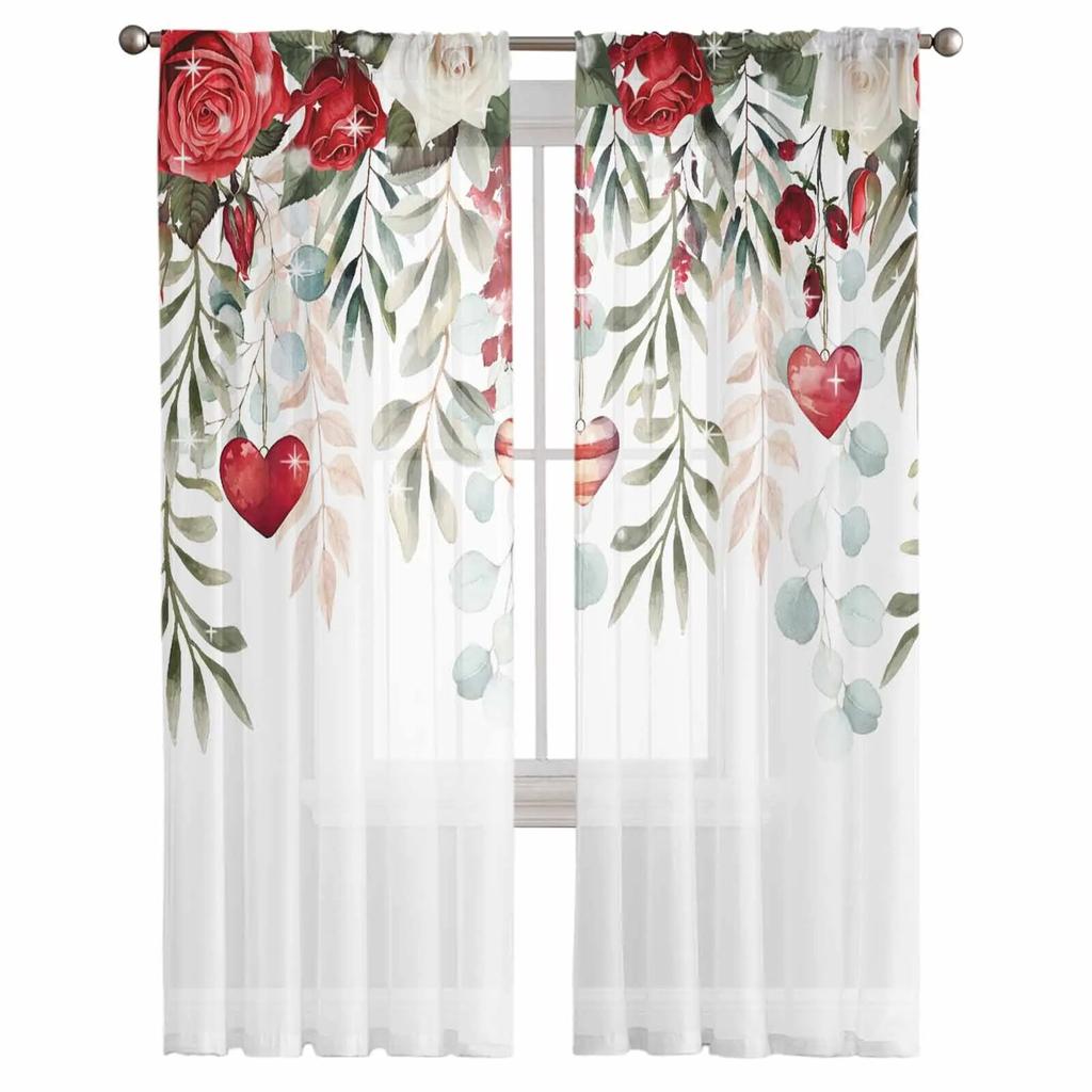 День Святого Валентина Роза Любовь Цветы Растения Листья Тюль Вуаль Шторы для Спальни Гостиной Окна Занавески Прозрачные Портьеры из Органзы