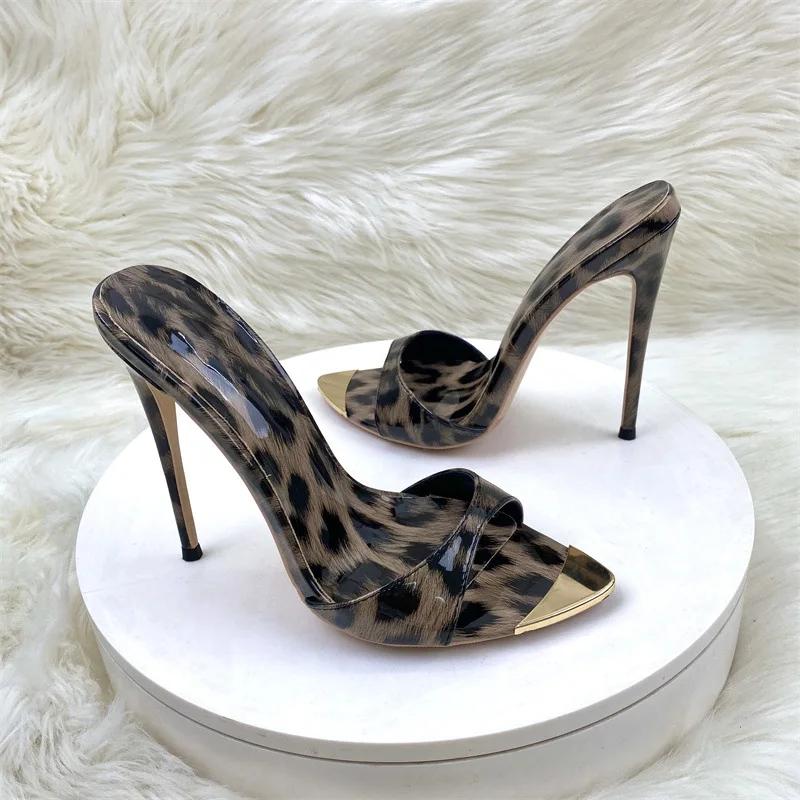 Новые дизайнерские женские туфли на высоком каблуке с открытым носком из металла 12 см, летние босоножки с леопардовым принтом, туфли на шпильке, размер 46