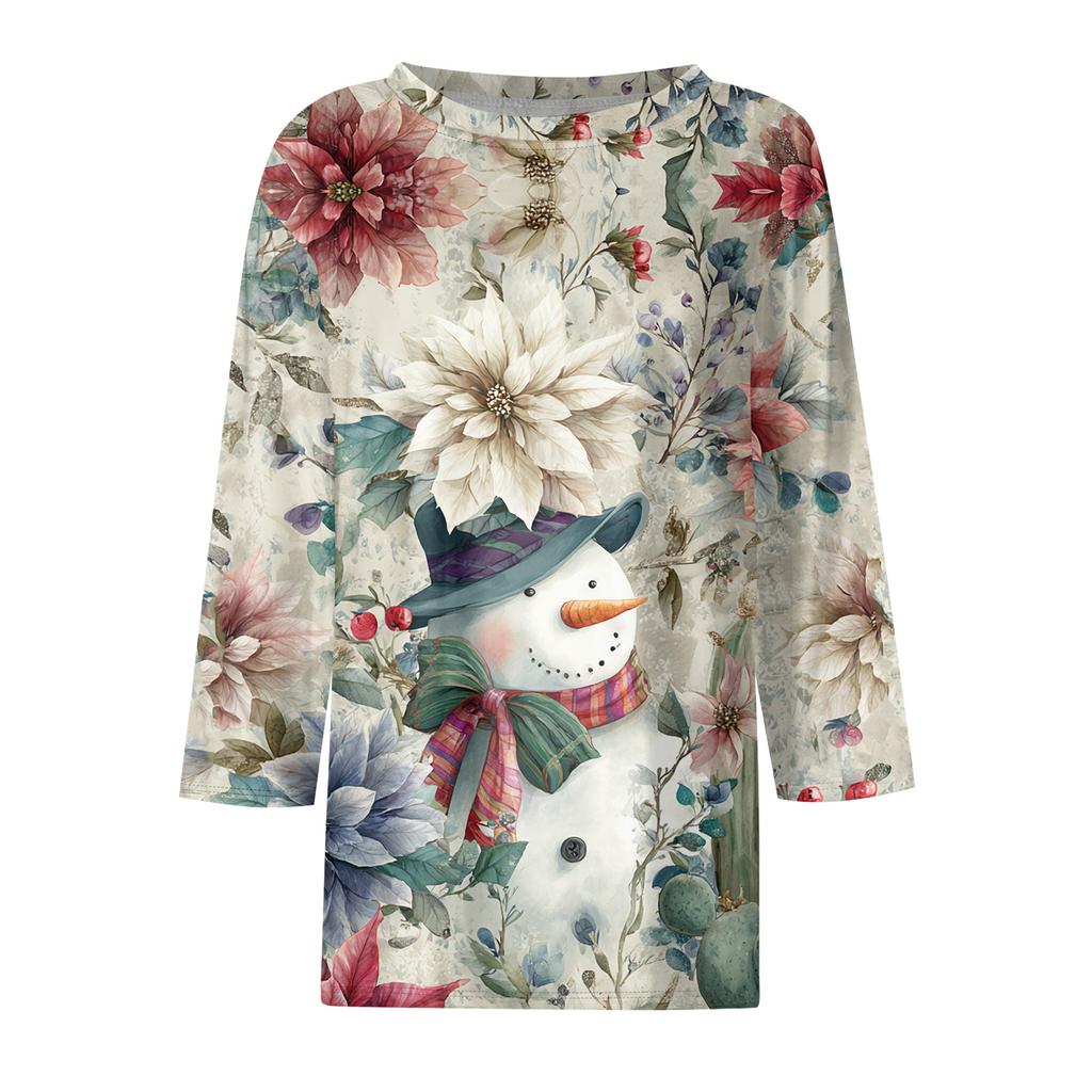 3/4 Length Sleeve Womens Tops Floral Print Vintage Fashion Casual Loose With Round Neck Plus Size Shirts