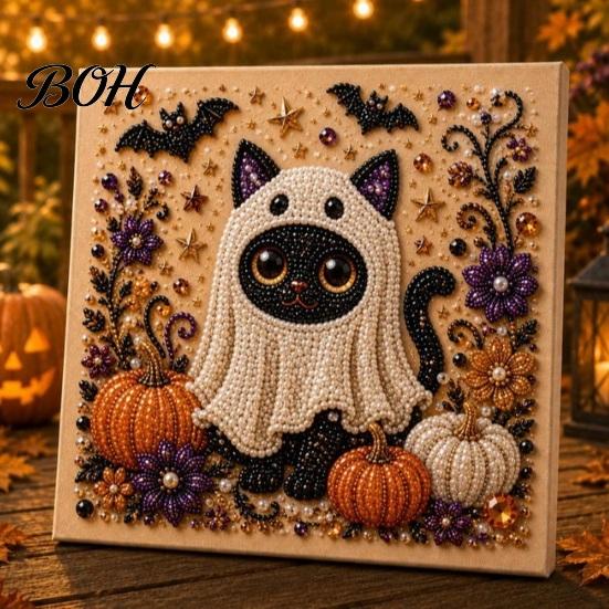 Whimsical Ghost And Pumpkin Art Halloween Faux Pearl Kit, Cute Skeleton Painting Handmade Gift for Craft Lovers DIY 3D Kit Adults, Fall Home