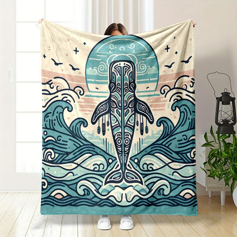 Tribal Whale in Ocean Waves Patterned blanket, flannel, suitable for all seasons, home decor, warm and cozy