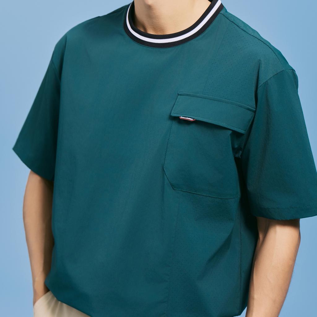 CHALLENGER Men'S Color Block Detail Round Short Sleeve Woven Top Dark Green