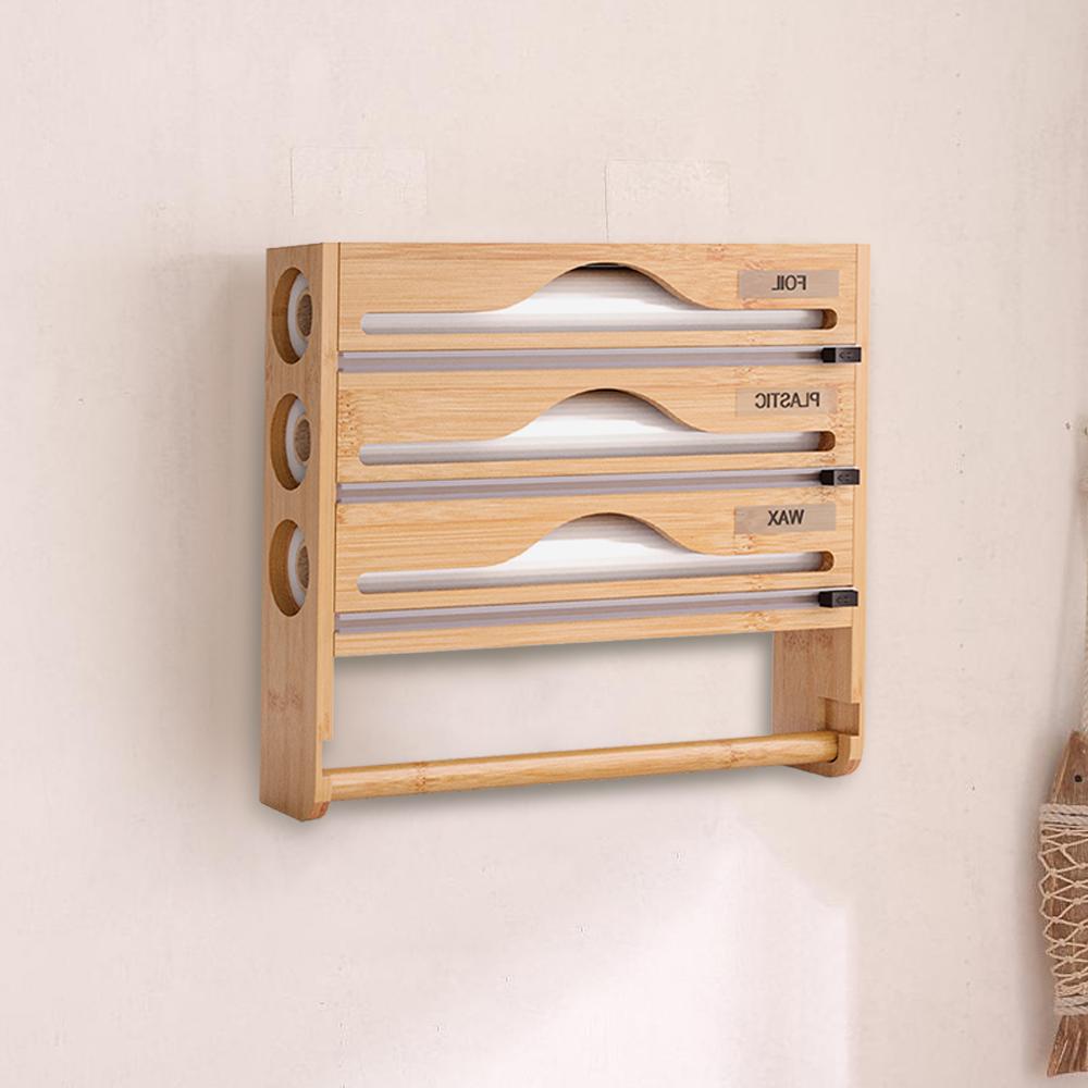 Бамбуковая коробка-диспенсер для пищевой пленки и фольги с отсеком и резаком, кухонный органайзер, аксессуары, интегрированный держатель для бумажных полотенец