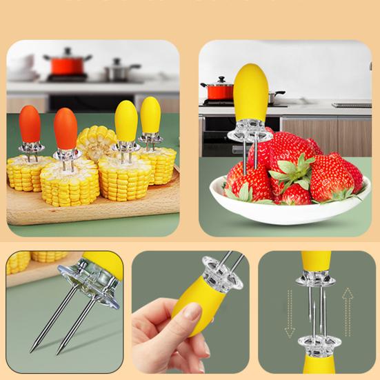8Pcs Corn Holder Stainless Steel Corn Skewer Silicone Handle BBQ Fork Heat Resistant Fruit Skewer for BBQ Picnics Parties