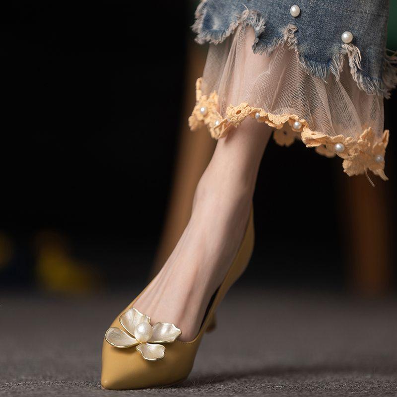 Женская летняя обувь на каблуке Желтые туфли для женщин 2024 Туфли-лодочки на высоком каблуке с острым носком Вечерние туфли на каблуке со скидкой Распродажа