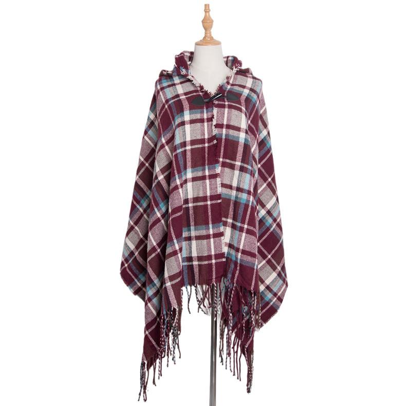 Women's Fashion Autumn and Winter Warm Toggle Closure Pashmina Ethnic Style Hooded Cape Bohemian Style Shawl