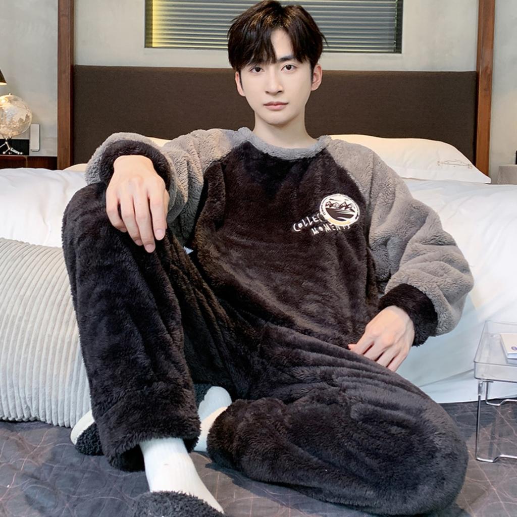 Зимняя одежда, коралловый флис, пижамы, мужская одежда, утепленный флис, круглый вырез, брюки с длинными рукавами, костюмы, домашняя одежда