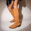 New Western Boots for Ladies Round Toe Chunky Heels Zipper Flock Pleated Large Size Retro Women Knee High Booties Zapatos Mujer