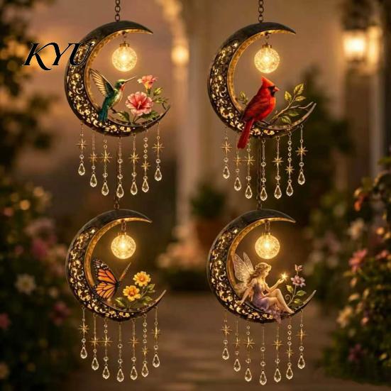 Crystal Tassel Hanging Decor Fairy Moon Wind Chime Pendant, Acrylic Ornament with Star Whimsical Forest & Decors for Garden Balcony Patio, Outdoor