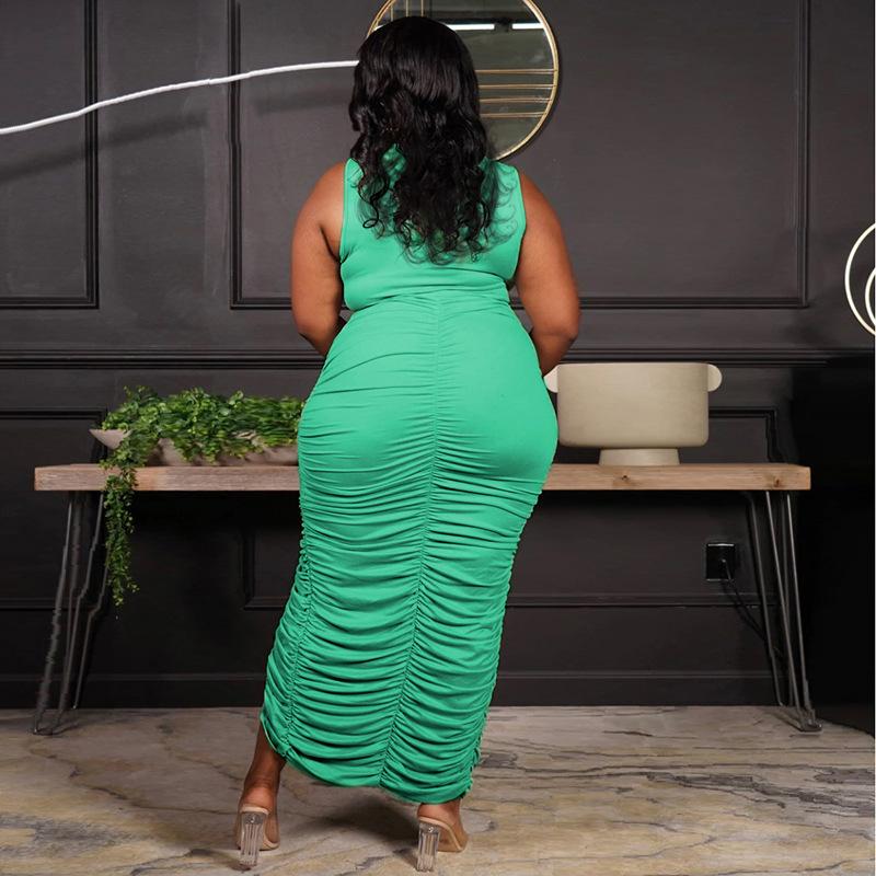Плюс Размер Женщин Мода Сексуальное Однотонный U Образный Вырез Без Рукавов Плиссированное Раздельное Платье
