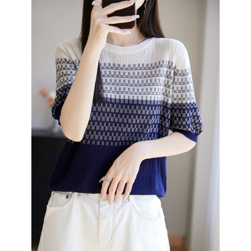 A New French Design Striped Color-blocking Round-neck Mid-sleeved T-shirt for Women's Summer, A Fashionable, Casual and Elegant Pullover