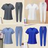 2Pcs/Set Women Hospital Uniform Set V-neck Short Sleeve Multi Pockets Tops Elastic Waist Pants Set Quick Drying Beauty Parlor Dental Nurse Work Suit