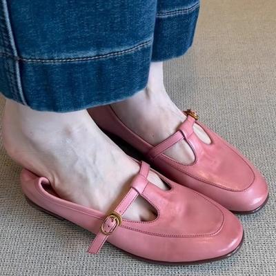 Вариант из овчины! Розовые туфли женские французские с круглым носком, с Т-образной пряжкой, с юбкой, с плоским дном, кожаные туфли Мэри Джейн