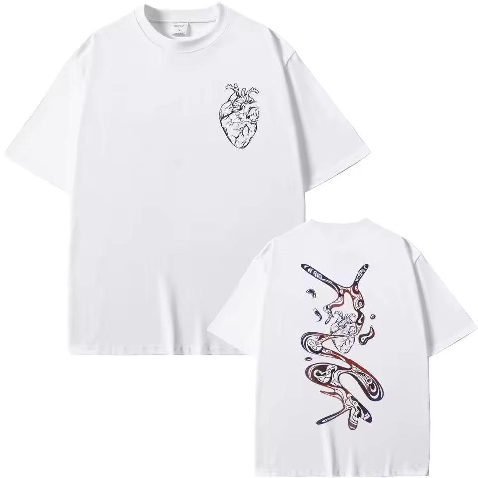 2026 Summer Anatomical Heart Fluid Line Art Double Sided Graphic White T-Shirt Unisex Oversized Clean Fit Streetwear Cotton Tee
