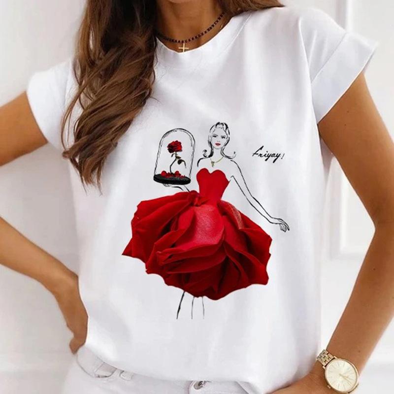 Модная креативная женская футболка с 3D рисунком розы 90-х годов, летняя блузка, свободные футболки с короткими рукавами, белые женские топы с круглым вырезом, одежда