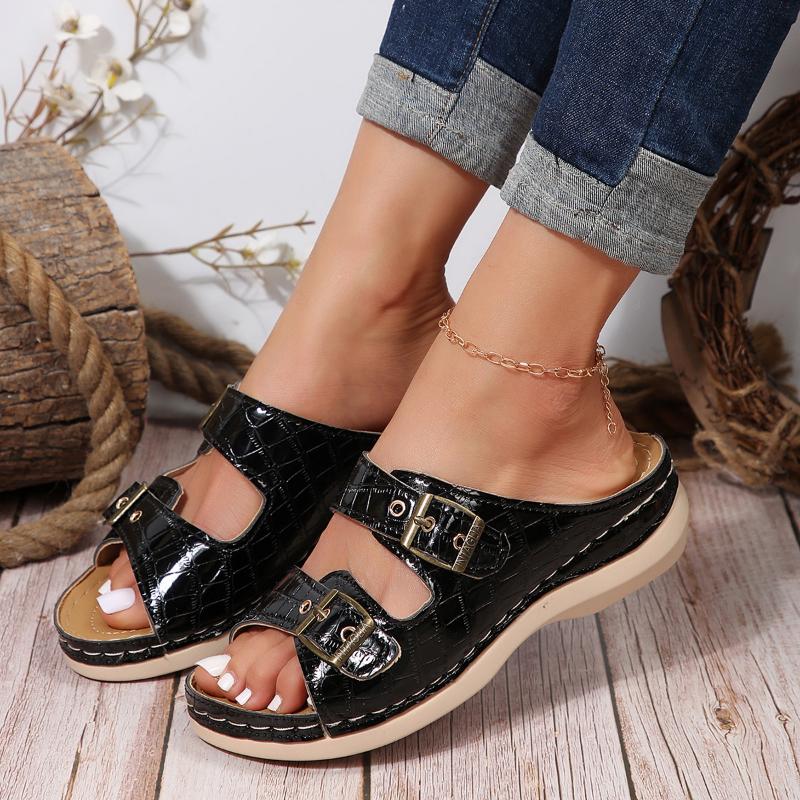 Women Double Buckle Wedge Heeled Sandals Female Summer New Clip Toe Platform Slippers Women Comfortable Thick Sole Flip Flops 43
