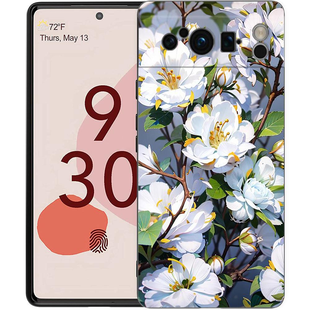 Чехол для телефона Google Pixel 8 7 6 Pro 8A 7A 6A, ТПУ-оболочка, Мягкий силикон, Ударопрочный, Черный, С изображением цветущего вишневого дерева