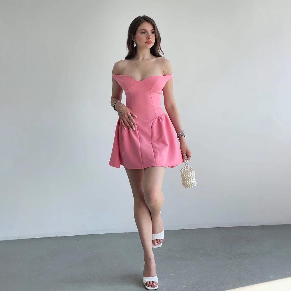 2025 Лето Европейское и Американское Женское Платье на Одно Плечо Сексуальное Подчеркивающее Талию Однотонное