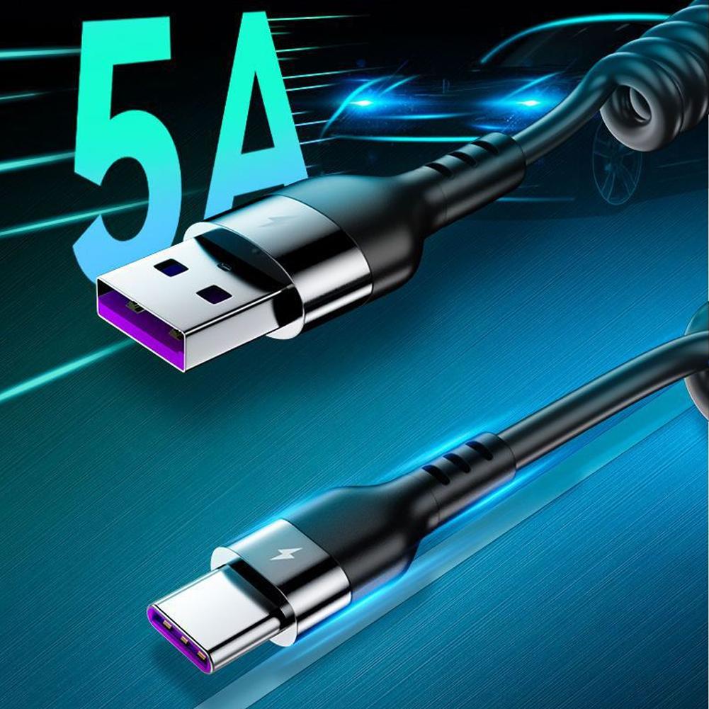 Spring Telescopic 100W 5A Fast Charging Type C Data Cable USB Micro Car Phone Charger for iPhone13 14 Pro Sumsung Xiaomi POCO